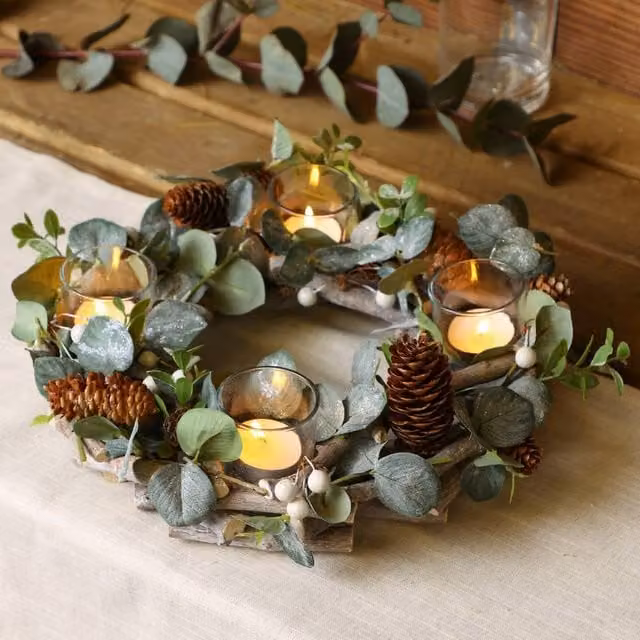 Dibor Nature Trail Wreath Tealight Table Centrepiece Christmas Candle Holder in Green, White and Multicolour