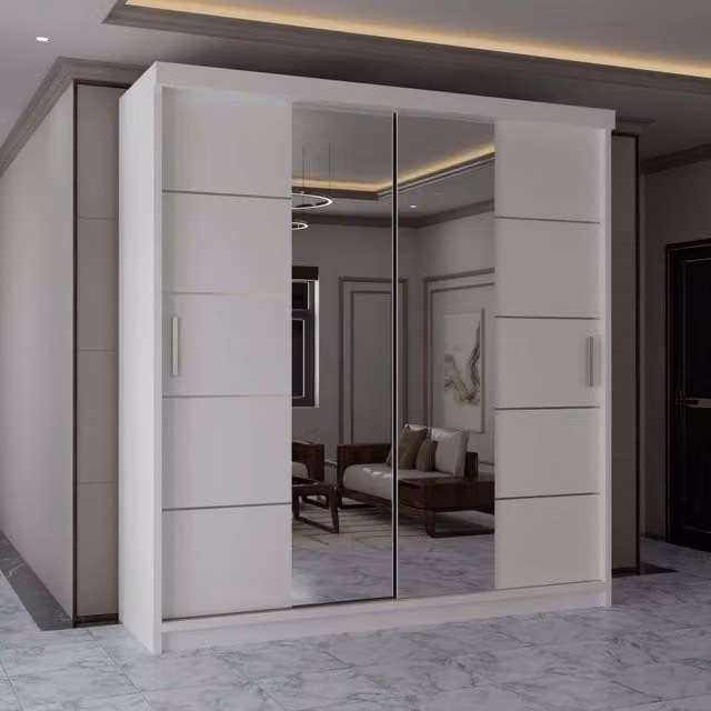 MN Furniture Modern White Wardrobe with Sliding Mirror Doors and Integrated LED Lighting, W/H: 120 x 217 cm