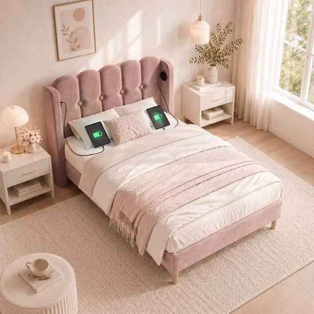 Matteo Pink Velvet Upholstered Single Bed Frame with USB-C Charging, W/D/H: 90 x 190 x 103 cm