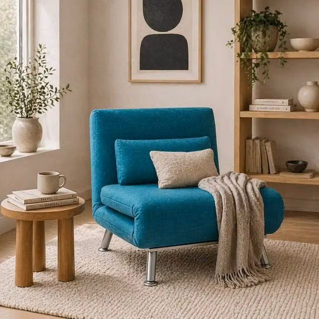 Wyld Haus Rekele Single Sleeper Chair in Petrol Blue with Metal Frame and Armrests