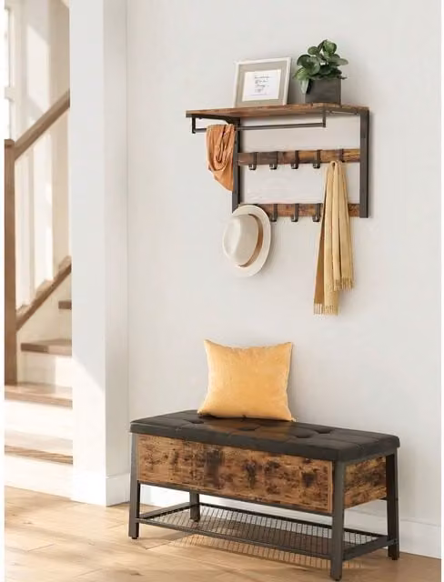 VASAGLE Industrial Wall-Mounted Coat Rack with Shelf and 10 Hooks in Bronze, Brown and Black