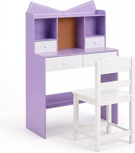 Costway Kids Study Desk and Chair Set, Purple Wooden Writing Table with 4 Drawers