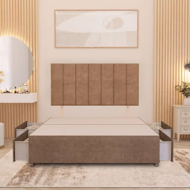 Somnior Beds Ltd Austin Divan Bed Base with 32 inch Headboard and Storage Drawers in Beige Plush Velvet, W/D/H: 140 x 200 x 137 cm