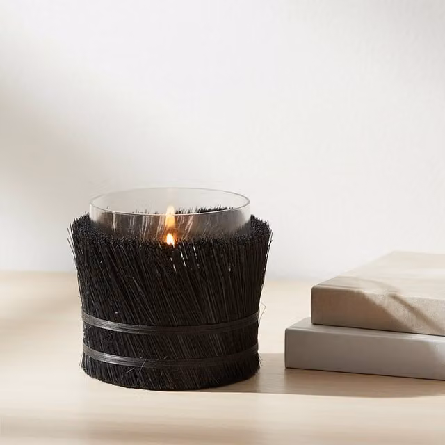 Orsina Modern Round Glass and Rattan Taper Candle Holder in Black and Transparent