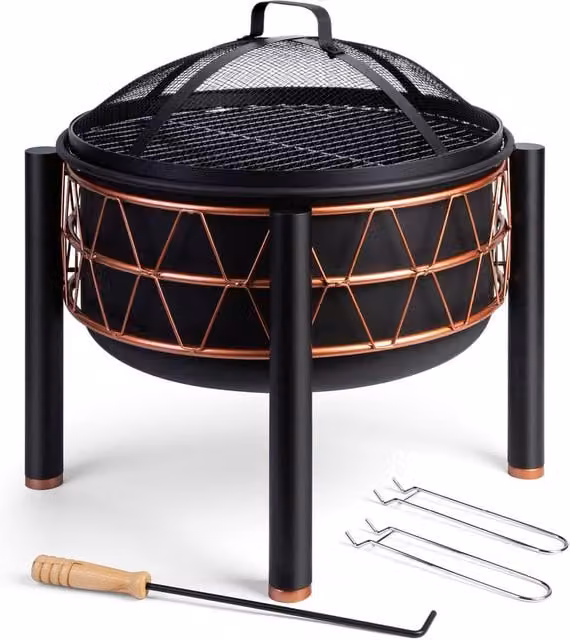 VonHaus Copper Rim Steel Fire Pit Bowl in Black, W: 54.0 cm, D: 53.0 cm, H: 54.0 cm