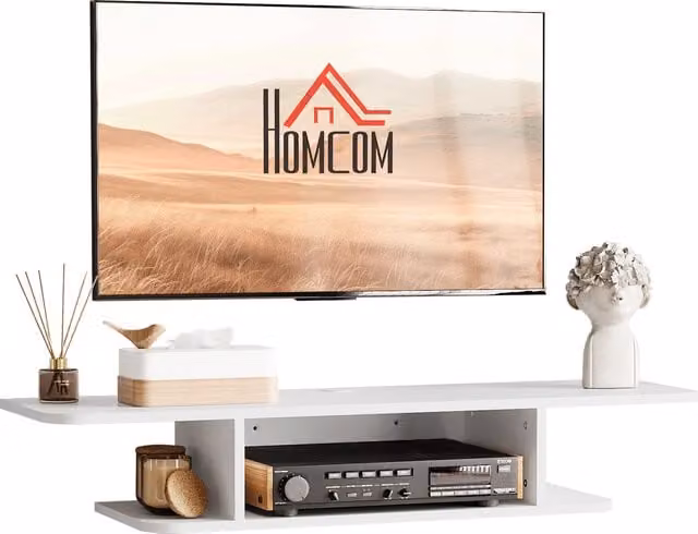 HOMCOM White Glossy Floating TV Unit Stand for TVs up to 40 inch, Wall Mounted Modern Media Console with Storage Shelves