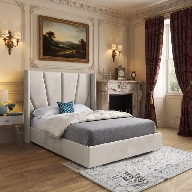KDMD Glemsford Small Single Wide Curved Designer Bed Frame in Beige Soft Velvet