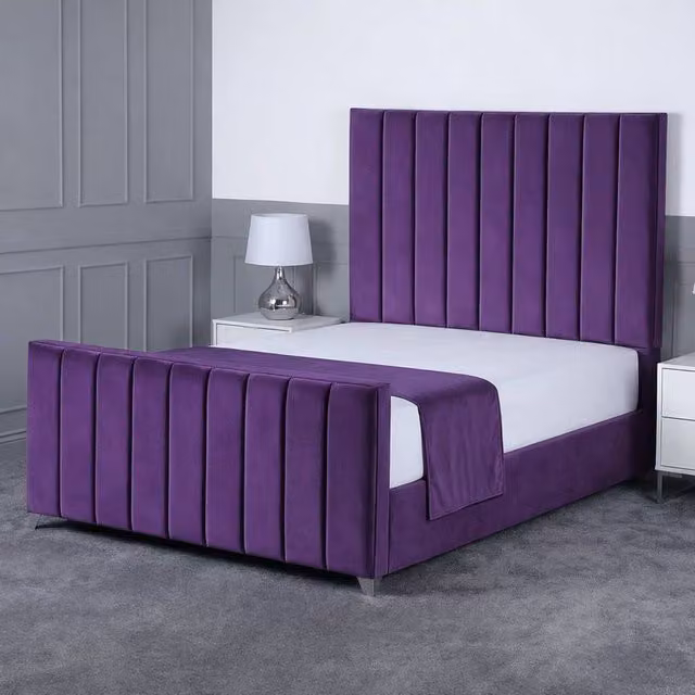 Living Comfort Bedz Empress Plush Velvet Upholstered Bed with Slatted Base in Purple, Double Size