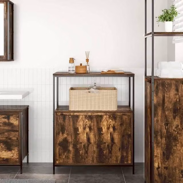 Berkfield Home Durable Bathroom Cabinet with Internal Shelves and Hinged Doors, Smoked Oak Brown, W/D/H: 76.5 x 35 x 95 cm