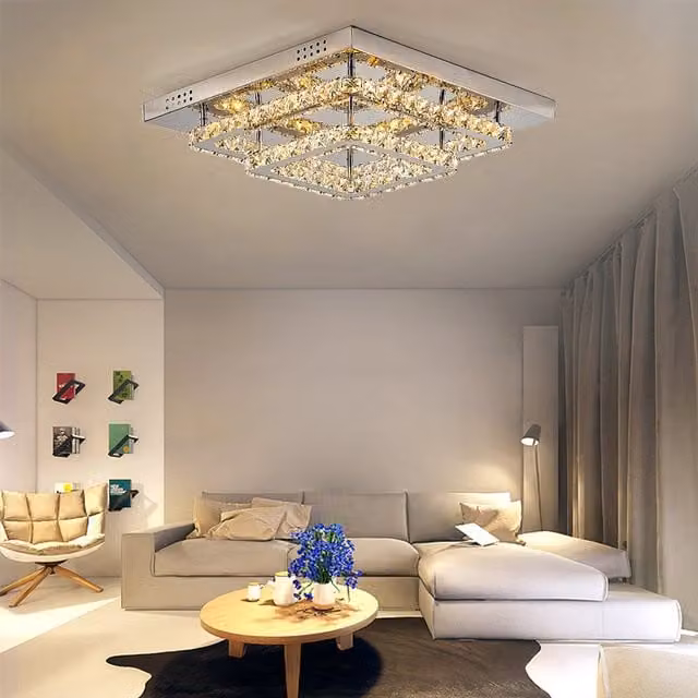Livingandhome Modern Square Crystal Ceiling Light in Chrome and Yellow Transparent