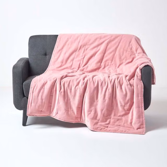 Homescapes Pink and Orange Quilted Velvet Throw with Dotted Stitching, W: 150 cm