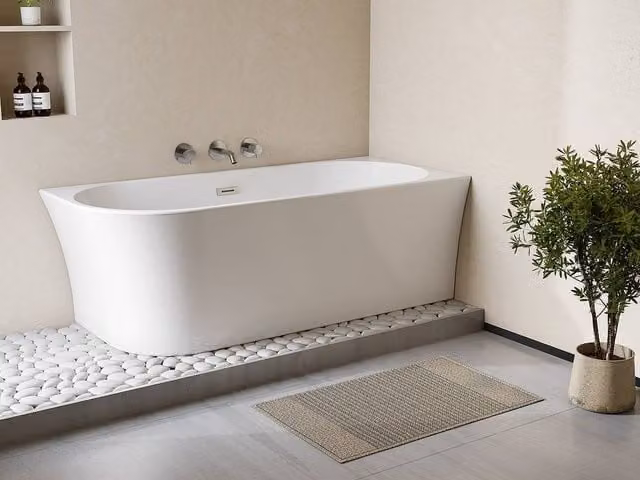 Vente-unique White Acrylic Corner Bathtub with Right Angle, W/D/H: 150 x 75 x 59 cm