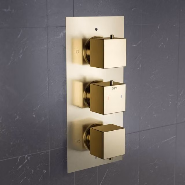 Nes Home 3 Dial 3 Way Concealed Square Thermostatic Mixer Shower Valve in Brushed Brass Gold, W: 29.6 cm x H: 25.3 cm