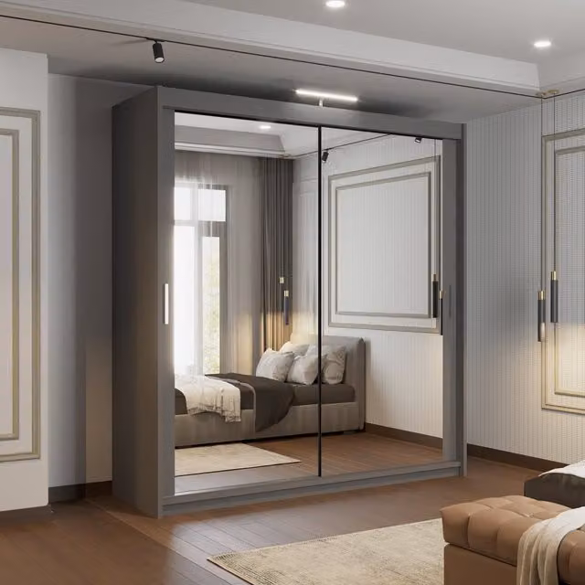 Sliding Door Wardrobe with Mirror, Shelves, Hanging Rod and Integrated LED Lighting by Sliding Wardrobes 4u, White and Grey, W/D/H: 90 x 40 x 203 cm (Height: 203 cm, Width: 90 cm, Depth: 40 cm)