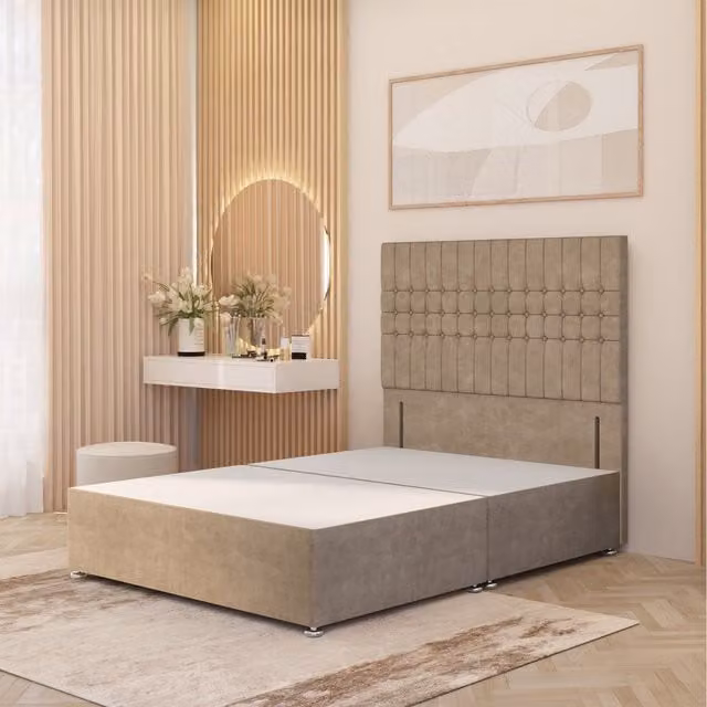 Somnior Beds Ltd Lexington Divan Bed Base with 54 inch Floor Standing Headboard in Beige Plush Velvet, W/D/H: 90 x 190 cm