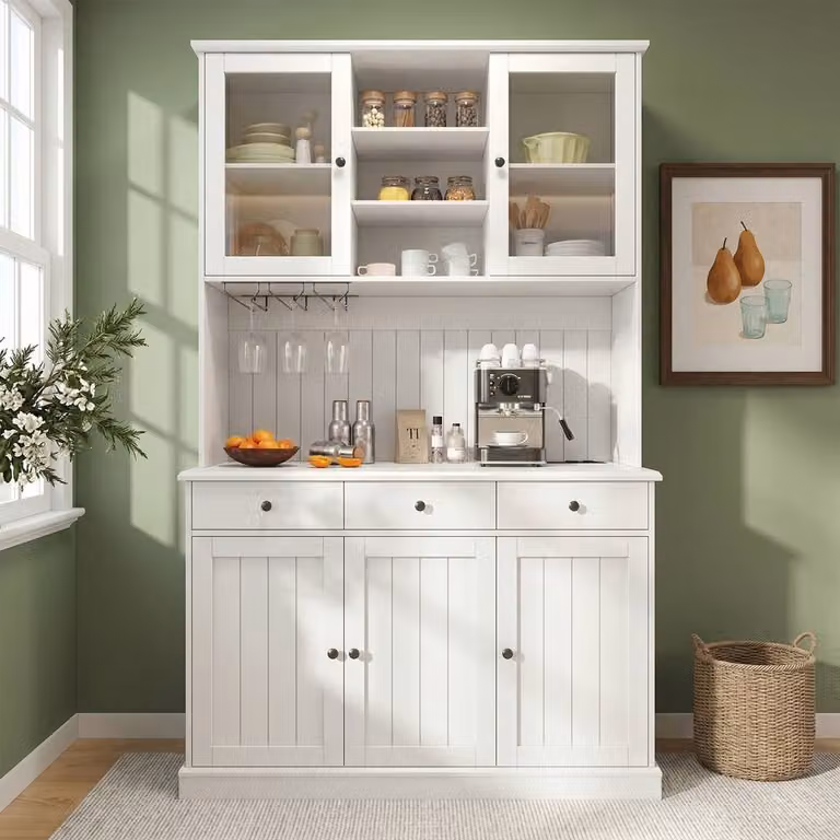 Rolipo Modern White Tall Storage Unit with Glass Doors and Internal Shelves