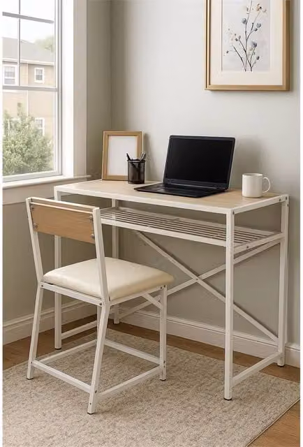 Nordara Minimalist Office Set with Desk, Chair and Shelf in White and Beige