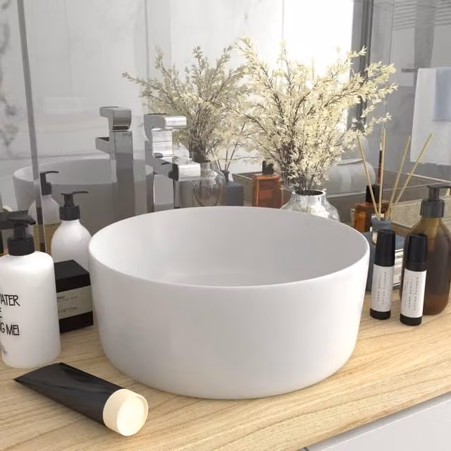 Berkfield Home Luxury Round Ceramic Wash Basin in Matt White, W: 40 cm, D: 15 cm, H: 15 cm