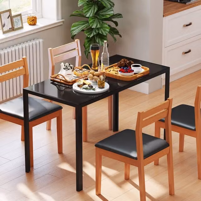 HOMCOM Modern Rectangular 4 Seater Dining Table with Black Tempered Glass Top