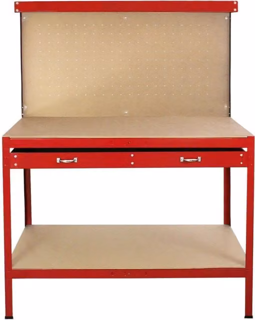 Monstershop Workbench with Pegboard and Drawer in Red, W: 120 cm, D: 60 cm, H: 200 cm