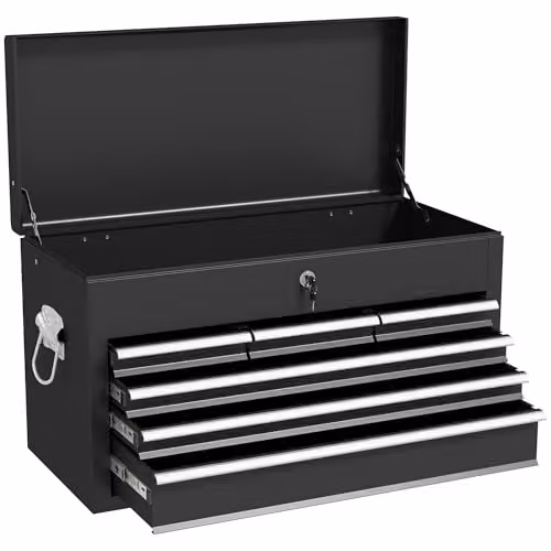 HOMCOM 6 Drawer Lockable Metal Tool Chest with Top Case, Black, W/D/H: 60.0 x 26.0 x 34.0 cm