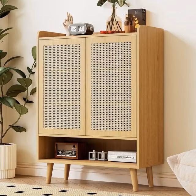 Merax 5 Tier Rattan Shoe Storage Cabinet in Light Oak and Beige, W/D/H: 80 x 35 x 105 cm