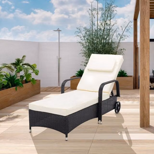MCC Direct Black Polyrattan Sun Lounger Bed with Adjustable Headrest and Castors