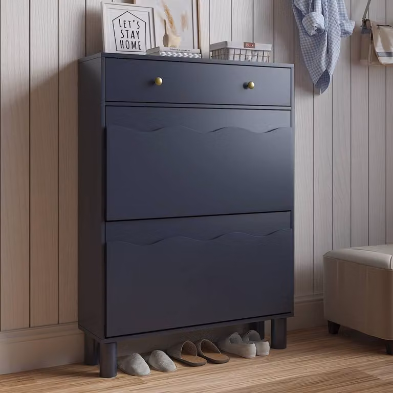 KEEPREAPER Modern Freestanding Blue Wood Shoe Cabinet with Tilting Compartments and Internal Shelves, H: 110 cm, W: 80 cm, D: 24 cm