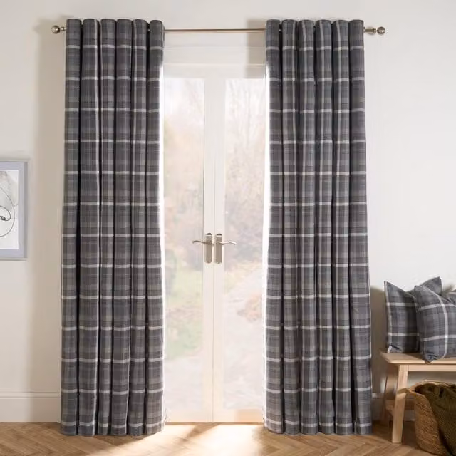 OHS Winsford Woven Check Thermal Blackout Eyelet Curtains, Charcoal Grey, W: 228 cm, H: 168 cm