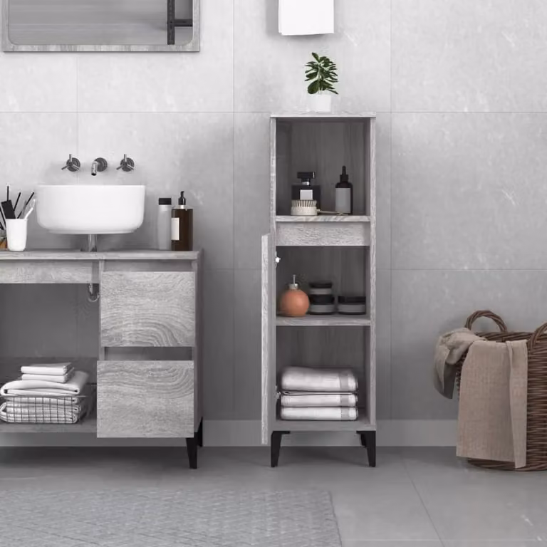 Berkfield Home Grey Sonoma Bathroom Cabinet with Hinged Doors and Open Shelf, W/D/H: 30 x 30 x 100 cm