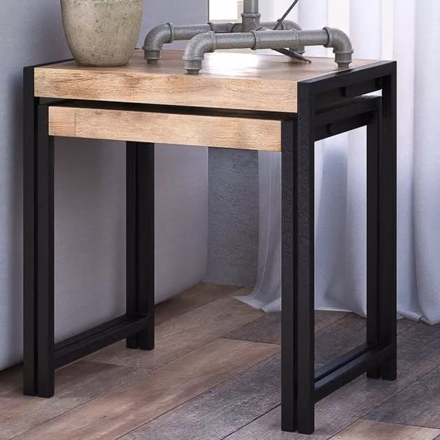 IH Design Mintis Industrial Style Nest of 2 Tables in Brown Wood and Metal