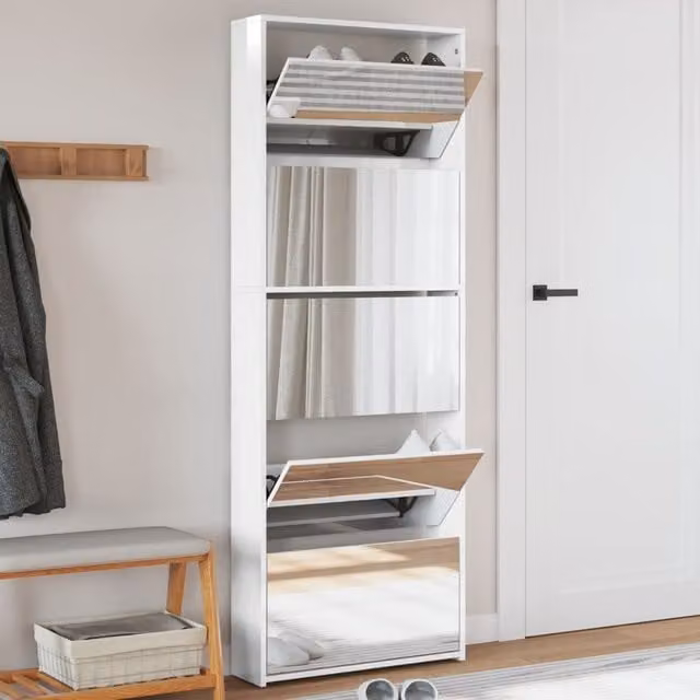 Berkfield Home Glossy White Shoe Cabinet with Mirror, W: 63 cm, D: 17 cm, H: 169.5 cm