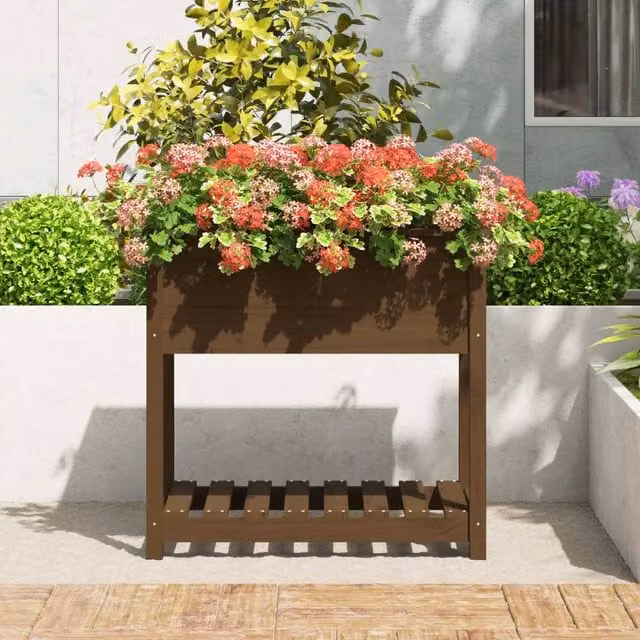 Berkfield Home Rustic Solid Wood Pine Planter with Shelf, Honey Brown, W: 82.5 cm, D: 54 cm, H: 81 cm