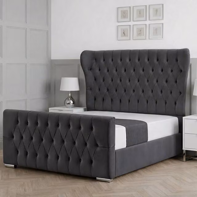 Living Comfort Bedz Velvetine Plush Velvet Upholstered Bed with Slatted Base and 48 Inch Headboard in Charcoal Grey Single Size