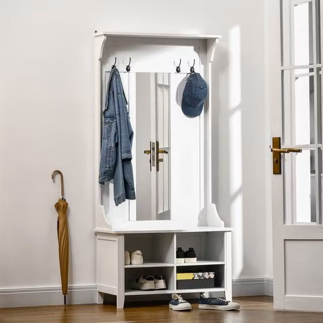 HOMCOM Modern Hallway Furniture Set in White featuring Shoe Bench, Storage Cabinet, Mirror and Coat Rack