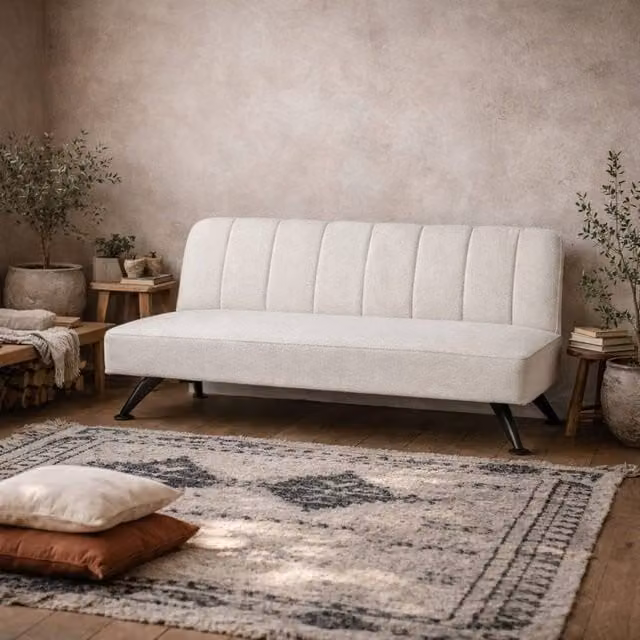 Wyld Haus Malahide Ivory Boucle Single Sofa Bed with Black Metal Legs, W/D/H: 90 x 190 cm