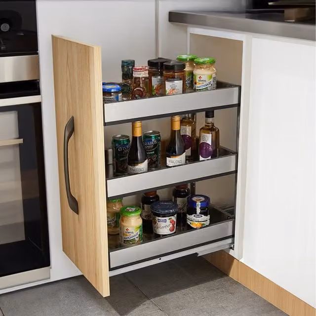 Komore Silver Metal 3-Tier Pull Out Kitchen Cabinet Shelf Insert Organizer W/D/H: 48.5 x 45 x 20 cm