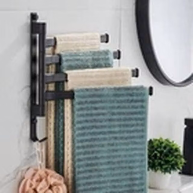 EONLION Wall Mounted 4 Arm 180 Degree Rotating Swivel Towel Rail Rack in Black Metal