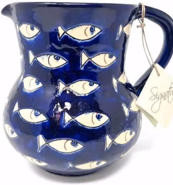 Verano Spanish Ceramics Signature Blue and White Fish Hand Painted Ceramic Small Pourer Jug, 0.5 l