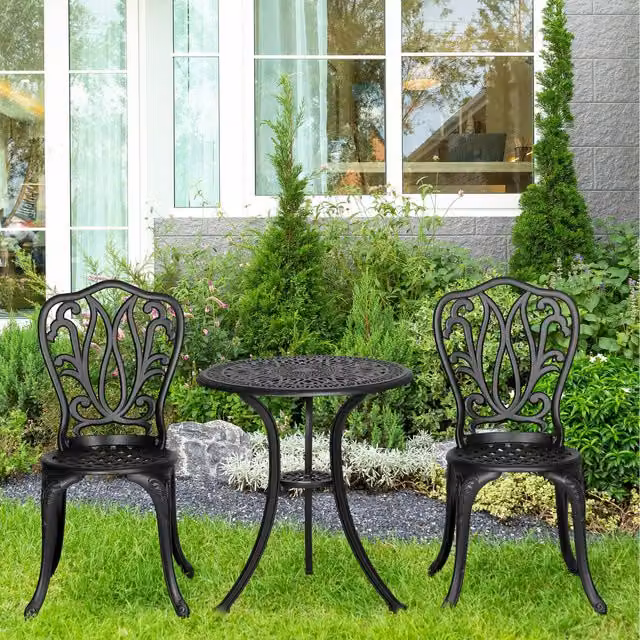 Outsunny 3 Piece Modern Patio Bistro Set with Umbrella Hole in Matt Black Aluminium