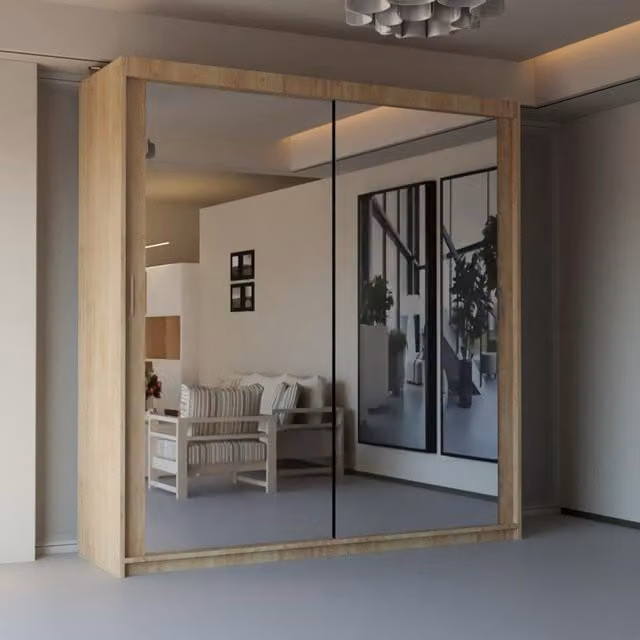 Sliding Wardrobes 4U Modern Double Sliding Door Wardrobe in Light Oak, W/D/H: 180 x 180 x 217 cm