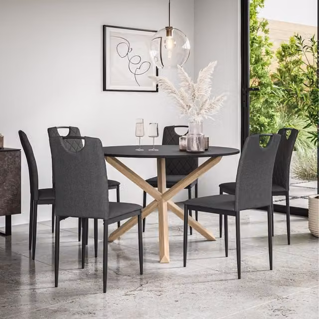 More4Homes Malvern Round Black Dining Table Set with Oak Legs and 6 Grey Monza Faux Leather Chairs