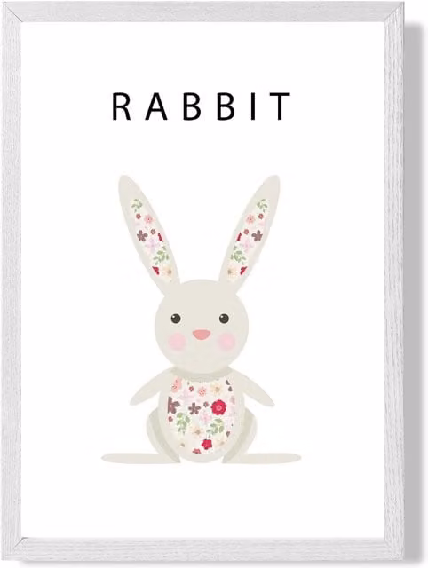 ARTZE Pink Floral Rabbit Framed Print with White Wood Frame, A4