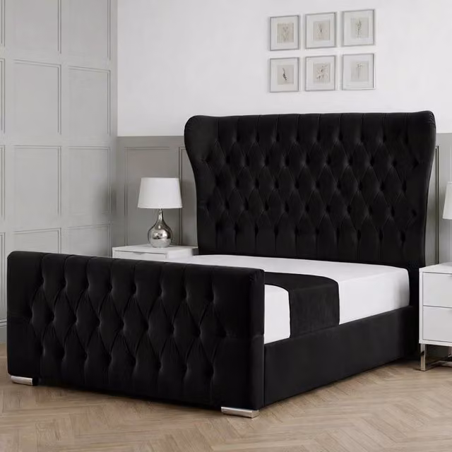 Living Comfort Bedz Velvetine Plush Velvet Upholstered Bed with Slatted Base and 48 Inch Headboard, Single, Black