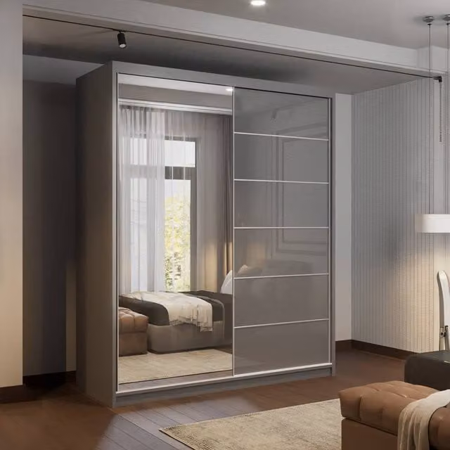 Sliding Wardrobes 4U Fusion High Gloss Grey Sliding Mirror Door Wardrobe W: 180 cm, H: 200 cm