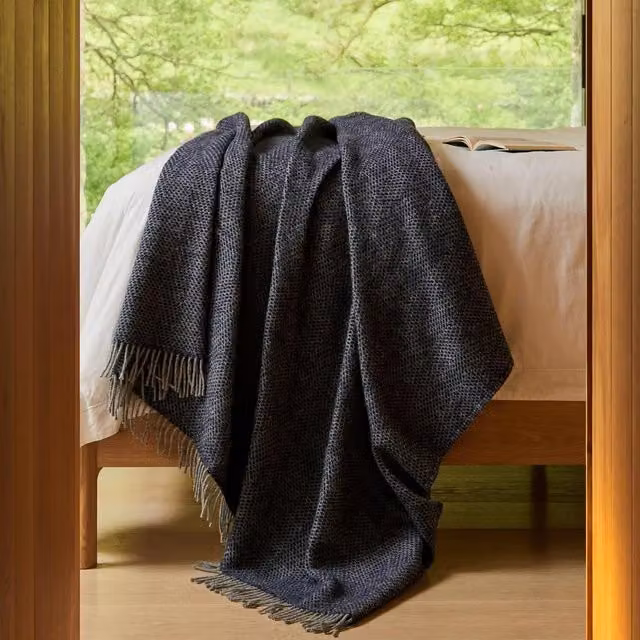 Tweedmill Beehive XL Wool Throw Blanket with Fringes in Navy Blue Geometric Design