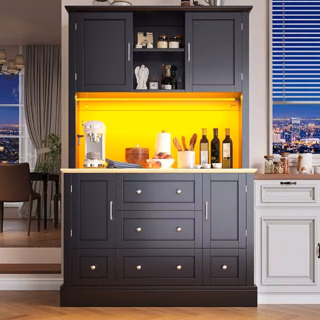 Matteo Modern Matt Black Tall Kitchen Cabinet with Integrated LED Lighting and Drawers