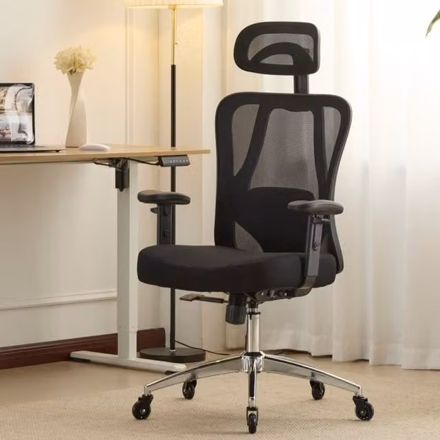 Home Source Lumo Ergonomic Mesh Back Office Chair in Black with Headrest and Adjustable Height