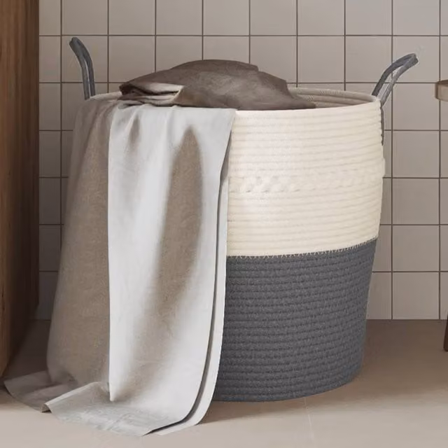 Berkfield Grey and White Open Weave Cotton Storage Basket with Handles W: 43 cm, D: 38 cm, H: 38 cm