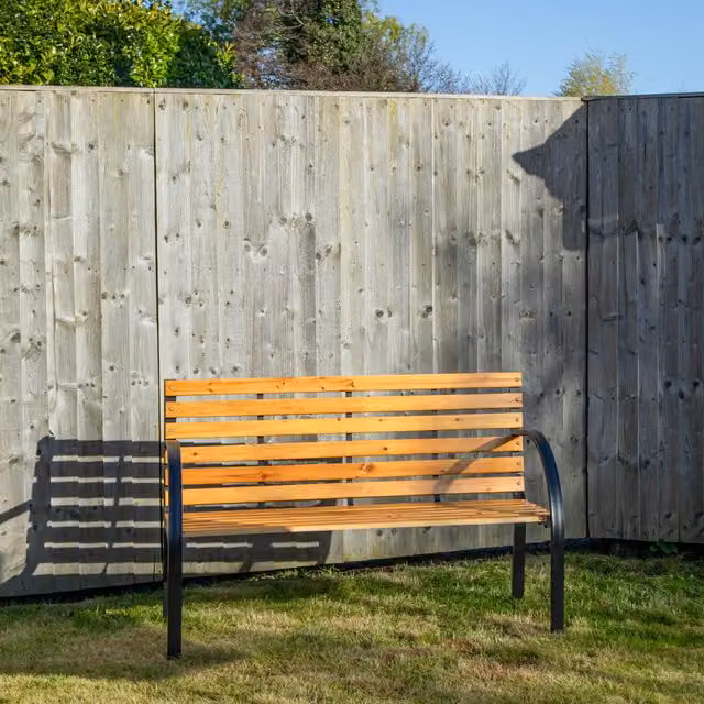 Samuel Alexander Ambleside 2 Person Outdoor Metal and Wood Garden Patio Bench in Brown and Black, W/D/H: 120 x 42 x 86 cm